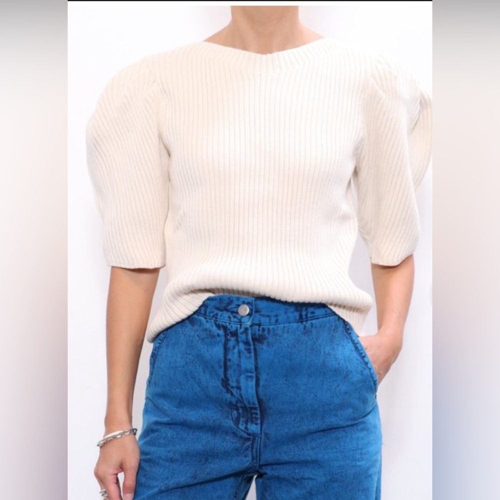 Mara Hoffman puffed short sleeve cropped sweater.